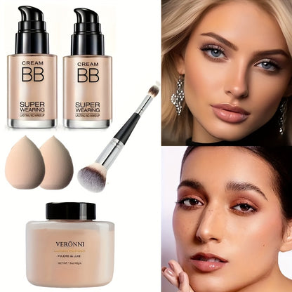 BB Cream and Setting Powder Set 2pcs with Tools Moisturizing Concealer Oil Free Matte Long Lasting Face Makeup for Women Light Natural Skin Tone