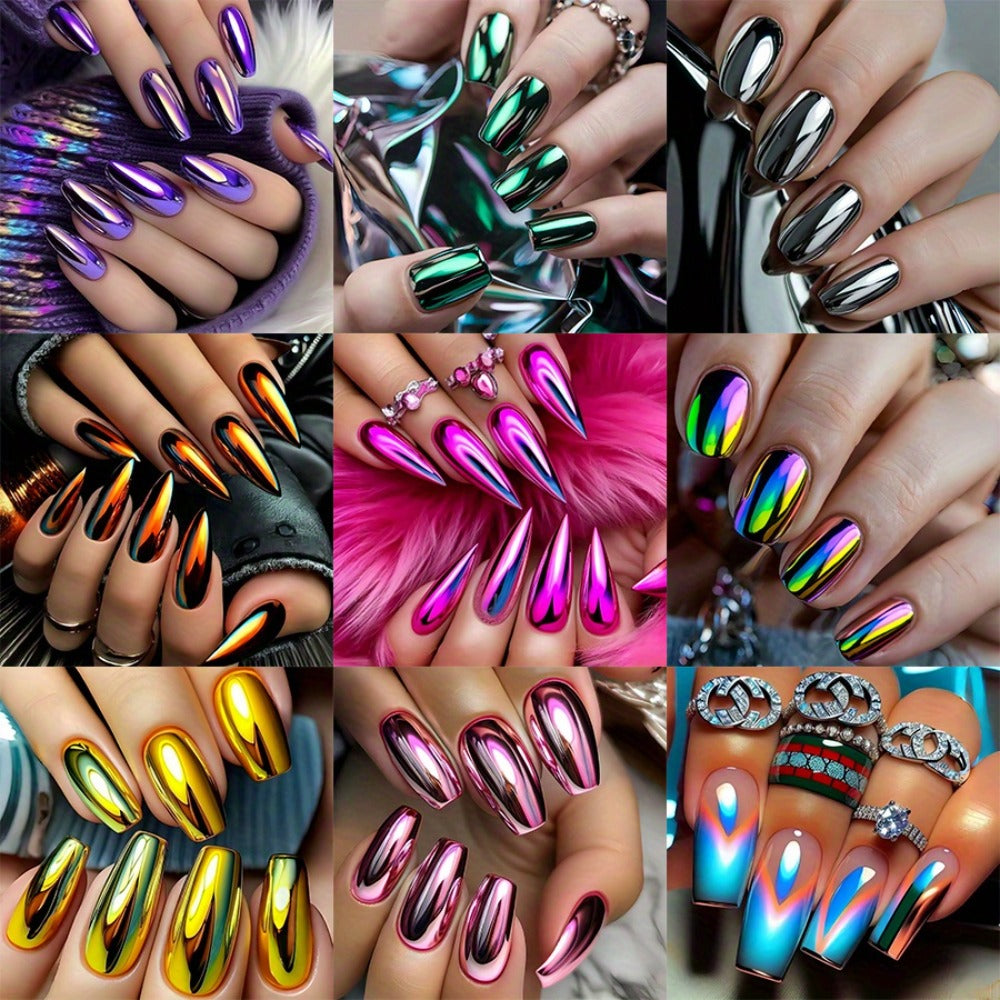 216pcs (9pcs) Solid Color Cool Almond Shaped Nail Pressure Purple, Pink, Silvery, and Golden Gradient Fake Nails, French Style Pointed Fake Nails, Daily and Holiday Nail Full Set Acrylic Nail Glue for And