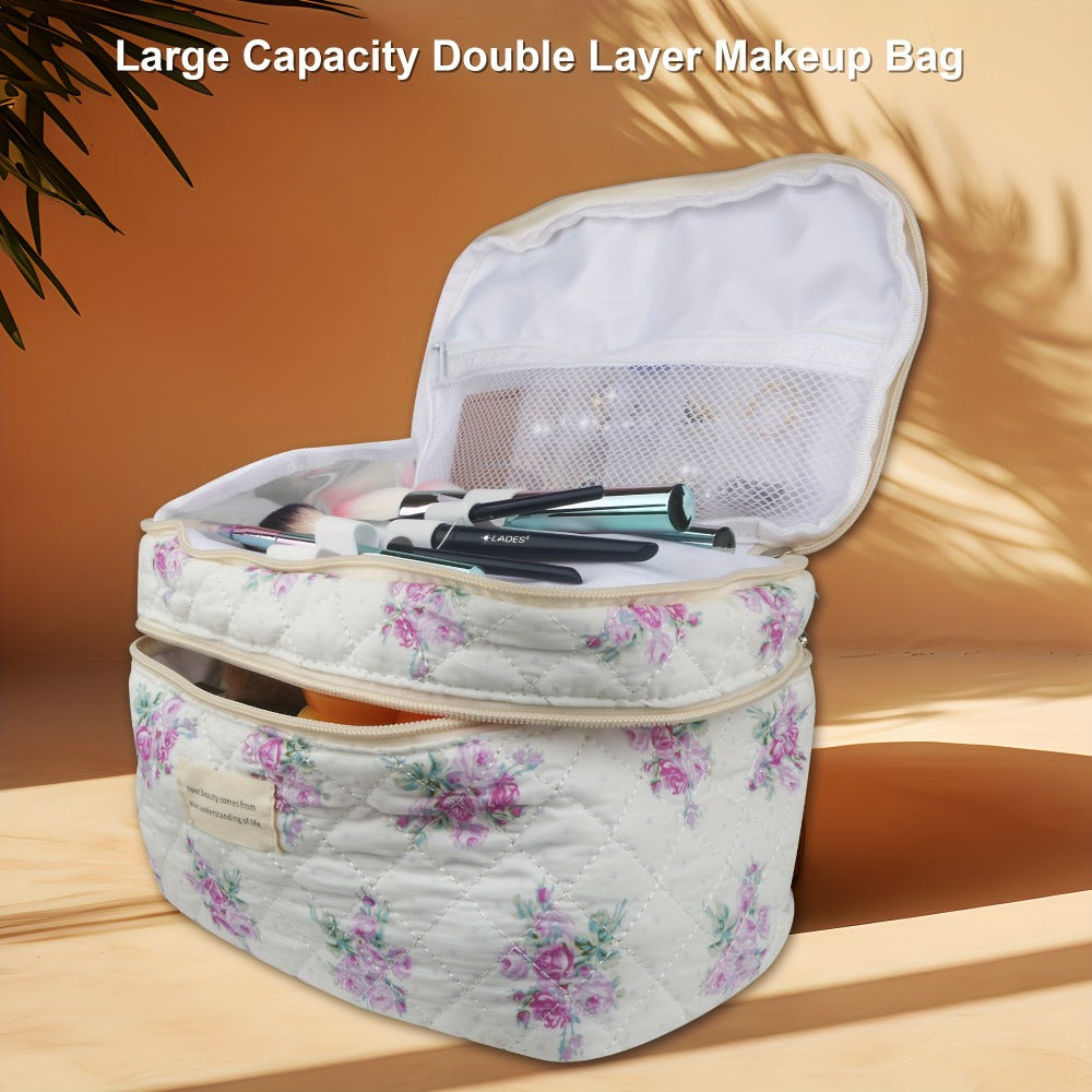 Large Capacity Dual Layer Cotton Makeup Cosmetic Bag (3PCS), Cute Quilted Travel Coquette Aesthetic Floral Make up Bag for Women Toiletry Bag