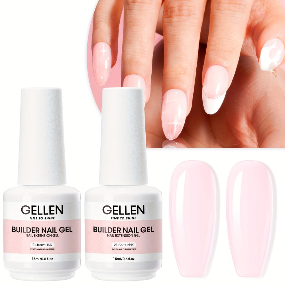 Gellen Builder for Nail Gel, 7-In-1 Clear Gel Builder for Nail Thickening 2pcs, LED for Nail Lamp Cured Hard Gel for Nail Strengthener Extension Gel Base Rhinestone for Nail Glue Gel Soak Off Gel Builder Base for Nail Art, 15Ml 0.51Fl Oz