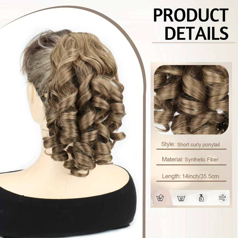 Clip In Ponytail Hair Extension Curly Wave Synthetic Hairpiece 14 Inch for Women No Glue Daily Wear Parties Weddings Multi Color
