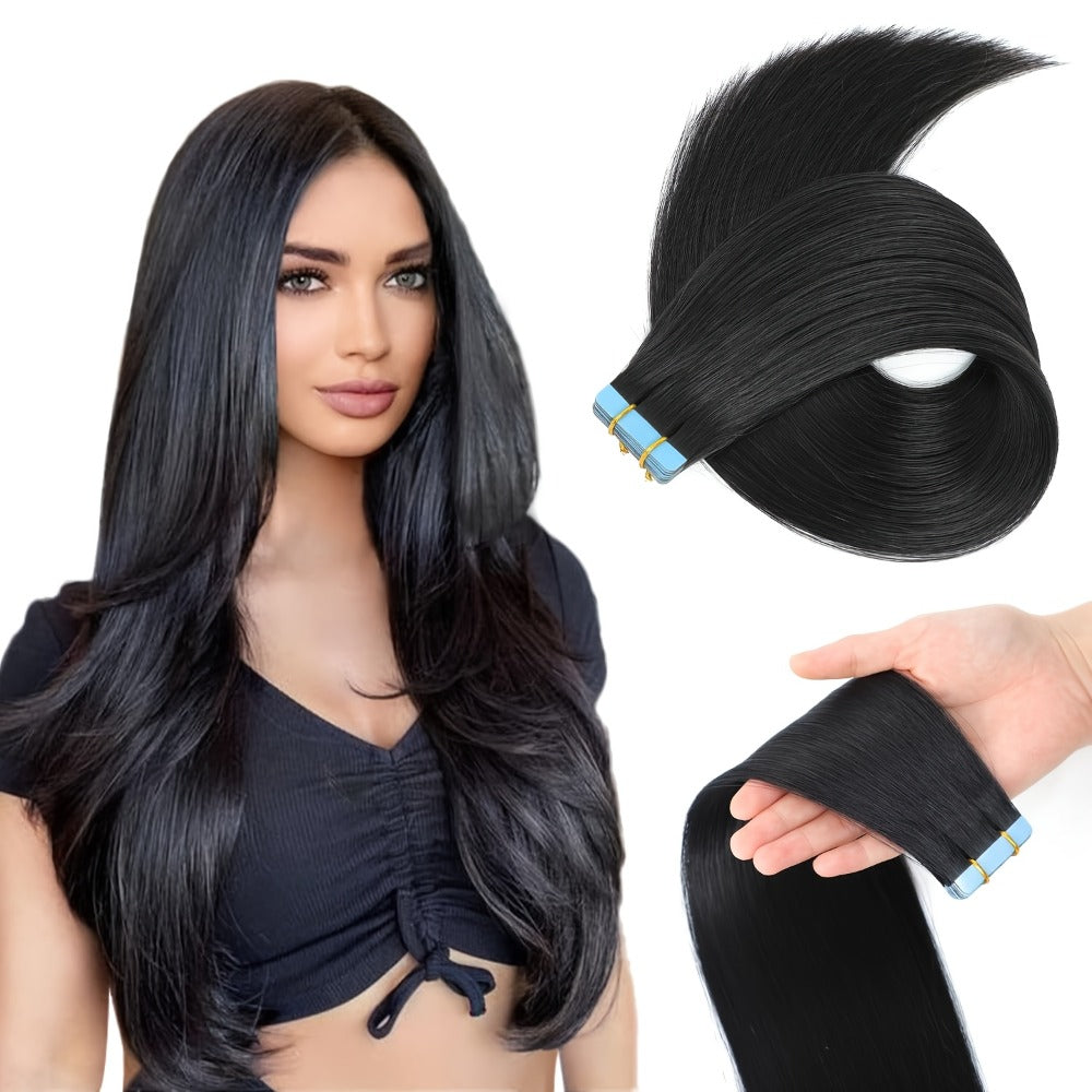 Tape In Hair Extensions Human Hair Straight Natural Black 1B Seamless Skin Weft 10pcs 30g Per Pack 16-24 Inch Women Invisible Blend Volume Length