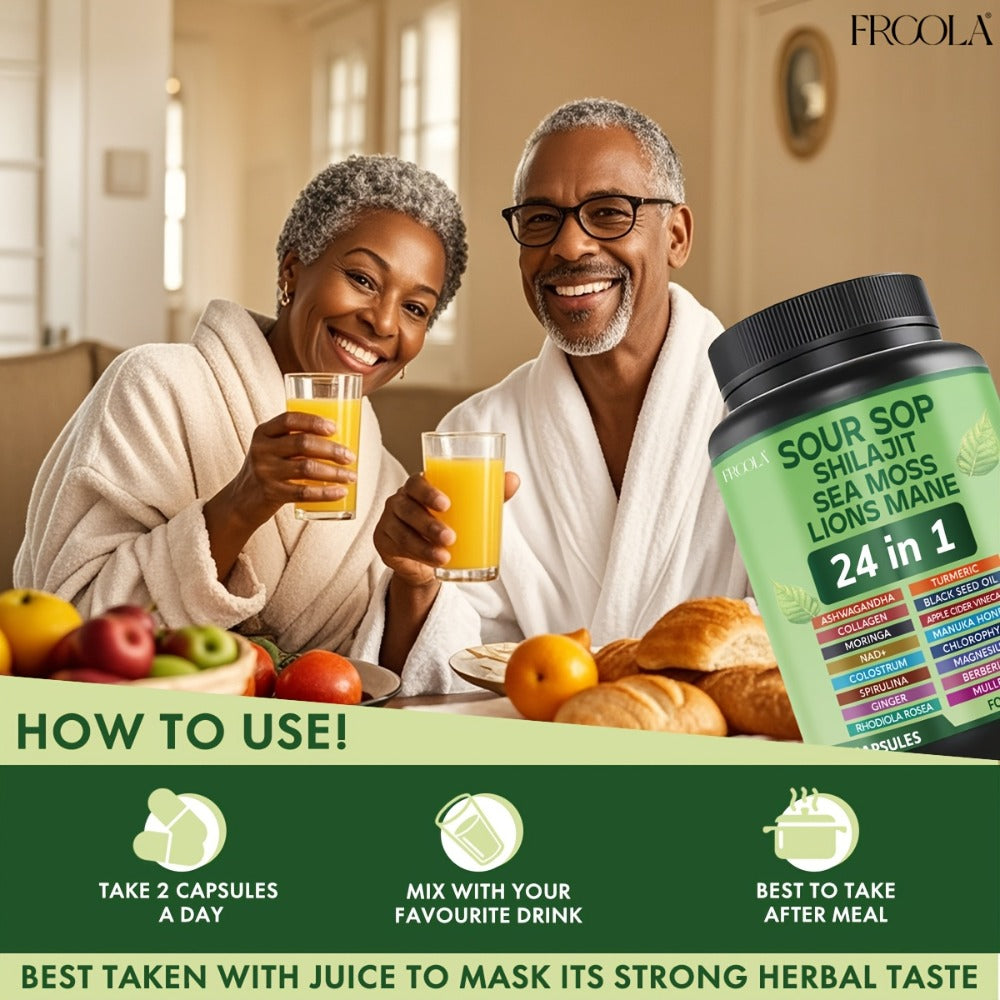 [Natural Wellness Supplement] 24-In-1 Soursop Capsules | Natural Supplement With VitaminD3, Sea Moss, Shilajit, Lions Mane, Black Seed Oil, Chlorophyll & Turmeric | Gluten-Free, Formula For Immune & Liver Health, Daily Wellness Supplement
