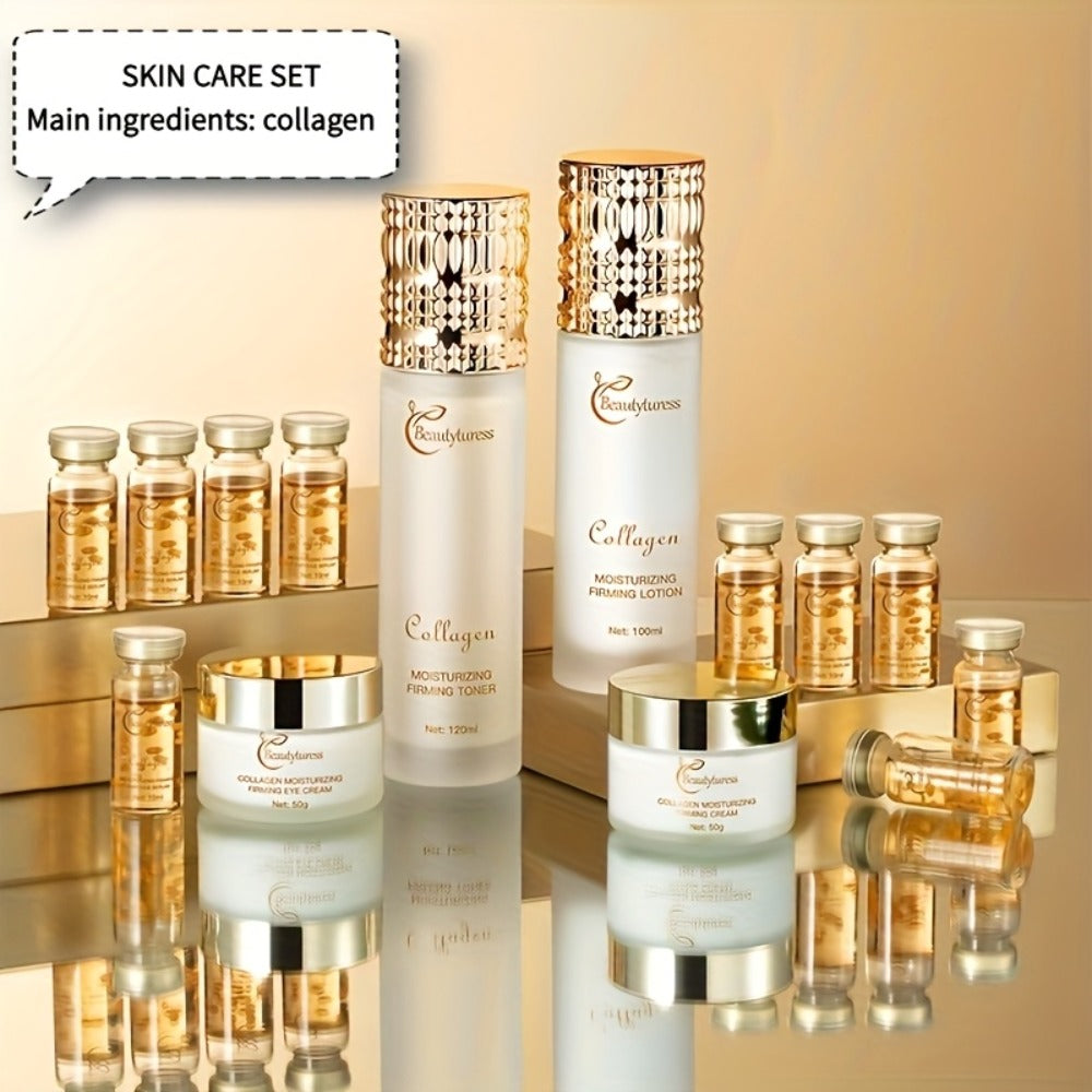A Luxurious 14-Item Collagen Skincare Collection for Women, Designed to Hydrate And Firm The Skin with Sodium Hyaluronate And Niacinamide. It Offers Deep Moisture And Brightening Effects, And Comes in a Perfect Gift Box That Includes a Face Toner