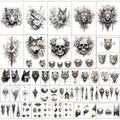 GLARYYEARS Temporary Tattoo for Men Adults, 44pcs Large+Small size Realistic Tattoos, Long-lasting Fake Tattoo Stickers, Cool Black Body Half Arm Tattoos, Mountain Lion Wolf Tiger Tattoo Design