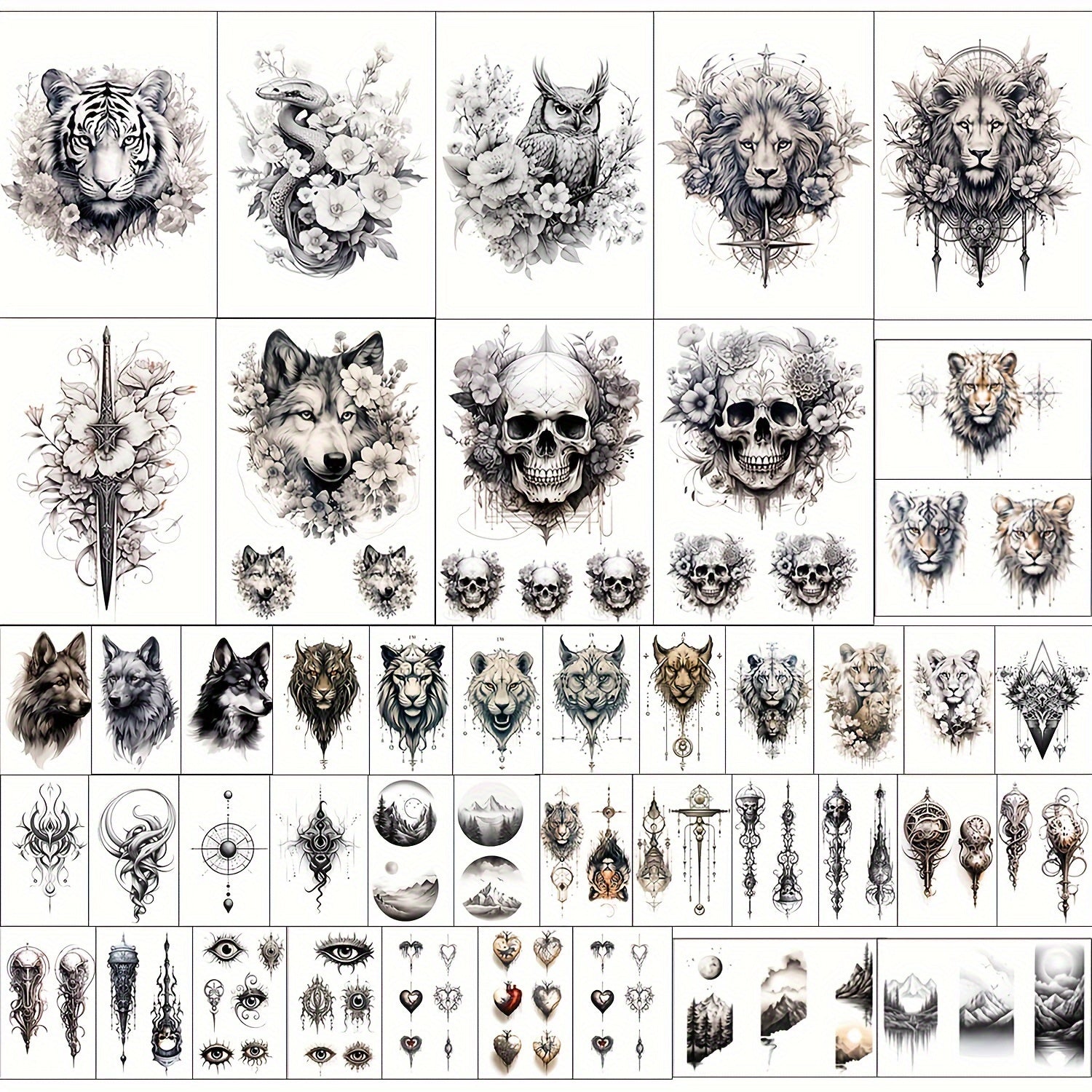 GLARYYEARS Temporary Tattoo for Men Adults, 44pcs Large+Small size Realistic Tattoos, Long-lasting Fake Tattoo Stickers, Cool Black Body Half Arm Tattoos, Mountain Lion Wolf Tiger Tattoo Design