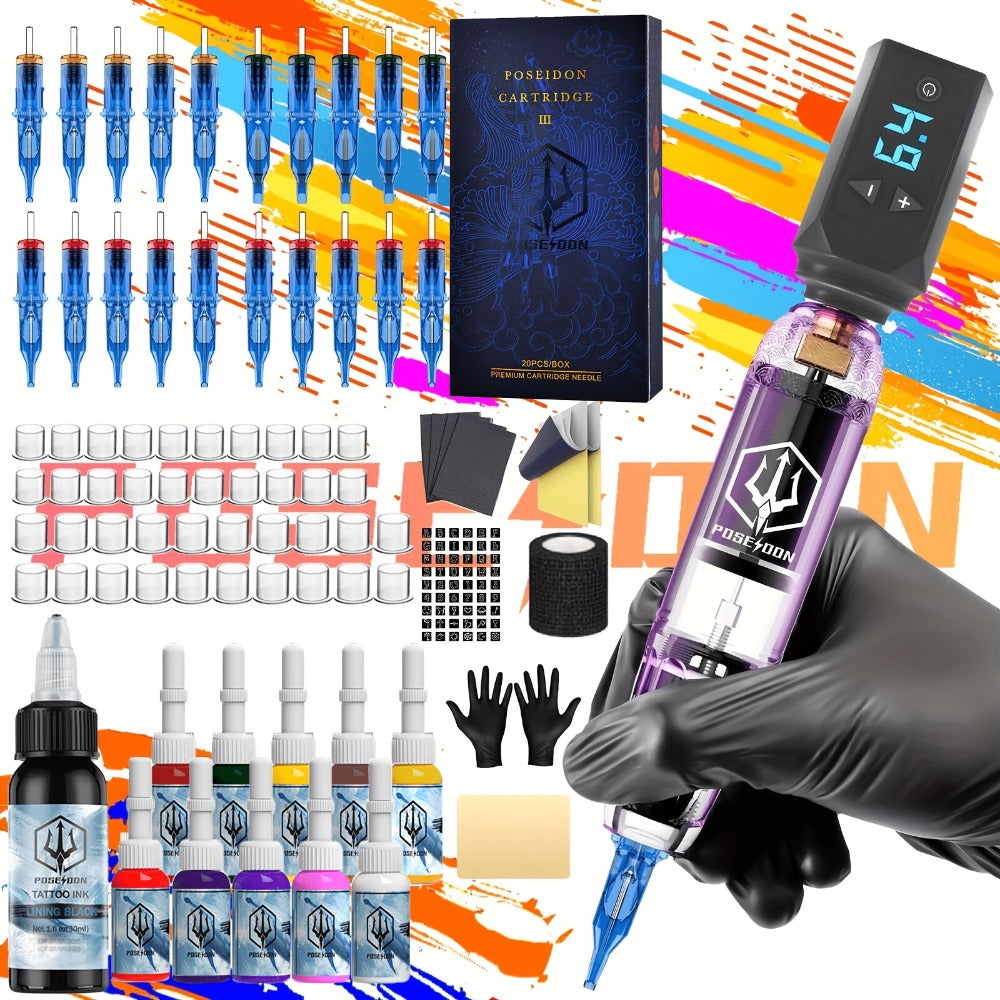 POSEIDON Tattoo Machine Kit Tattoo Gun Kit Complete Set With 20 Tattoo Needles 1500mAh Battery, Tattoo Machine Cordless Tattoo Machine Tattoo Supplies 11 Tattoo Inks Complete Cordless Machine For Beginners And Tattoo Artists, Perfect Gift