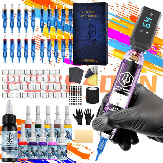 POSEIDON Tattoo Machine Kit Tattoo Gun Kit Complete Set With 20 Tattoo Needles 1500mAh Battery, Tattoo Machine Cordless Tattoo Machine Tattoo Supplies 11 Tattoo Inks Complete Cordless Machine For Beginners And Tattoo Artists, Perfect Gift