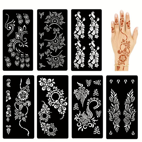 Tattoo Stencils for Body Painting 7-Piece Hollow Flower Nail Art Arm Stickers | Temporary Body Art for Festivals Events | Easy Apply Floral Henna-Style Decoration | Reusable Body Paint Stencil Set