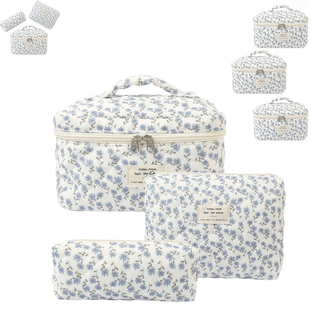 Large Capacity Floral Pattern Quilted Makeup Bag Set, 3 Counts Travel Cosmetic Bags, Stay Glam On-the-Go, Portable Zipper Makeup Organizer Pouches for Skincare, Cream, Lip Balm, Eyeliners, Makeup Tools, Makeup Container Set, Makeup Storage Organizer
