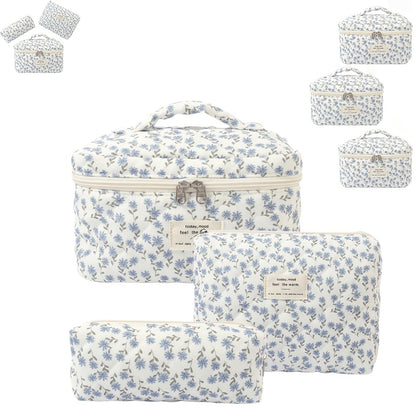 Quilted Makeup Bag Set 3 Pcs Floral Pattern Large Capacity Travel Cosmetic Bag Organizer Polyester Zipper Pouch for Skincare Makeup Tools Toiletry Blue Pink Peacock