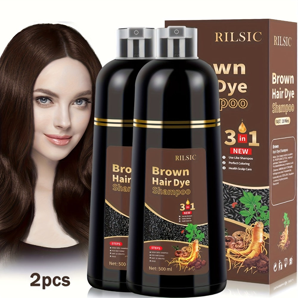 Hair Dye Shampoo 2 Pack Grey Hair 3-in-1 Herbal Plant-Based Squalane Colors in Minutes Kit with Gloves Earmuffs Headgear Shawl Black Brown 500ml Each