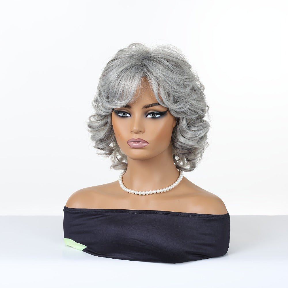 12-inch Women's Elegant Gray Bangs Curly Wig, Synthetic Fiber Wig with Rose Hair Net And High-Temperature Fibers Perfect for Cosplay, Parties, Halloween, Celebrations, And Casual Attire, Versatile for Any Occasion