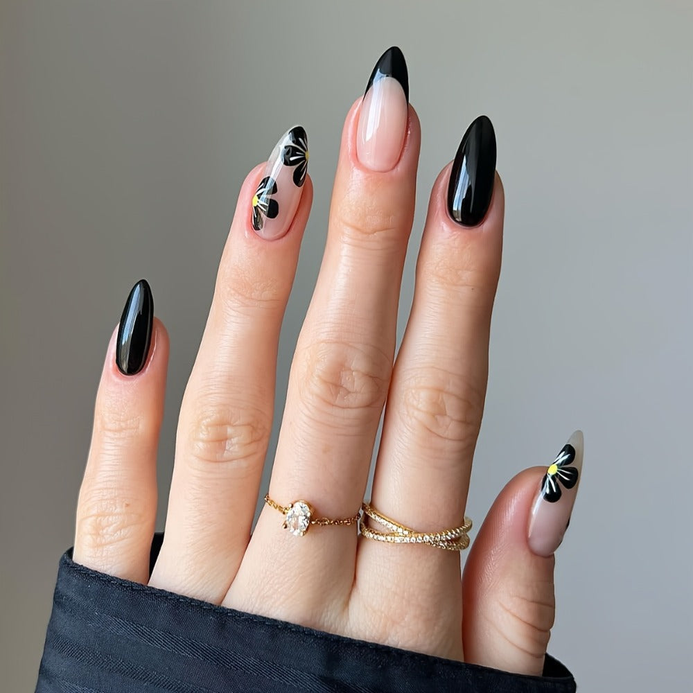 144pcs Pink Press On Nails Short Almond - Flower Small Flowers Fake Nails Rhinestone Press Ons Black French Nail Tip Glue On Nails with Cute Design Full Cover False Nails Stick On Nail Acrylic Nail Art Kit
