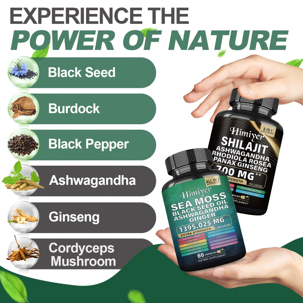 Sports Health Pack, Shilajit And Seamoss Ginger South African Drunken Eggplant Capsule, Sea Moss 350 Mg, Black Seed Oil 200 Mg, Ashwagandha 200 Mg, Ginger And Shilajit 300 Mg, Rhodiola Rosea 100 Mg, 1395mg+700mg Complete Supplement