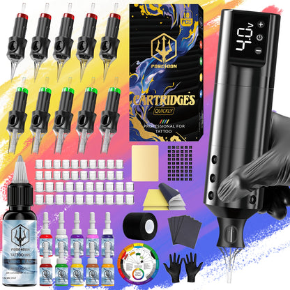 Cordless Tattoo Machine Kit Complete - POSEIDON V5 Wireless Rotary Pen with LCD Screen 1500mAh Battery 10 Needles 11 Ink Bottles Full Tattoo Supplies for Beginners & Professional Artists