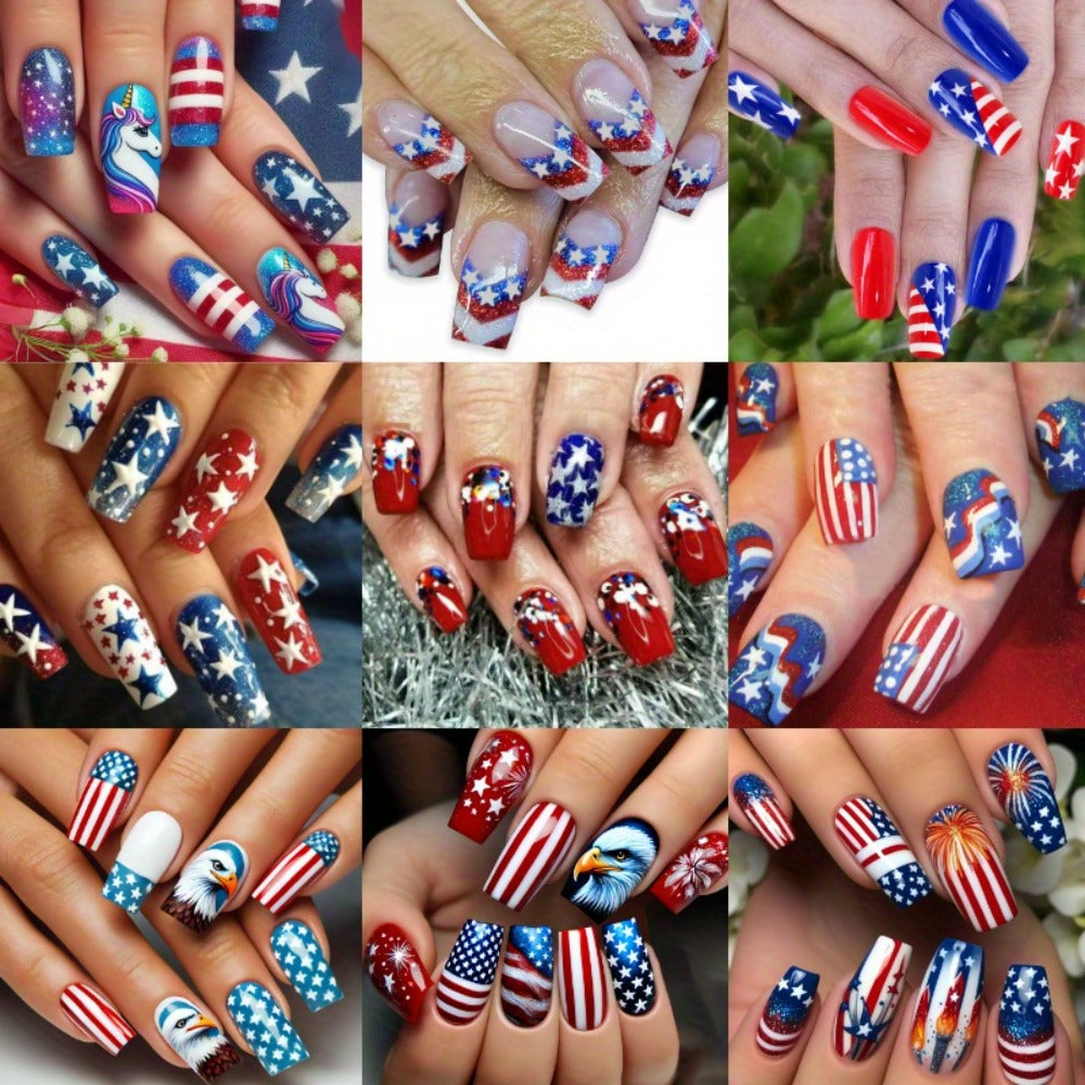 216pcs 4th of July Press On Nails - Red White Blue Stars Stripes Medium Coffin Acrylic Fake Nails, Full Cover Glossy Finish for Women, Patriotic Manicure Nail Art (9pcs), Festive Nail Designs, Festive Patterns, Striking Design Variety