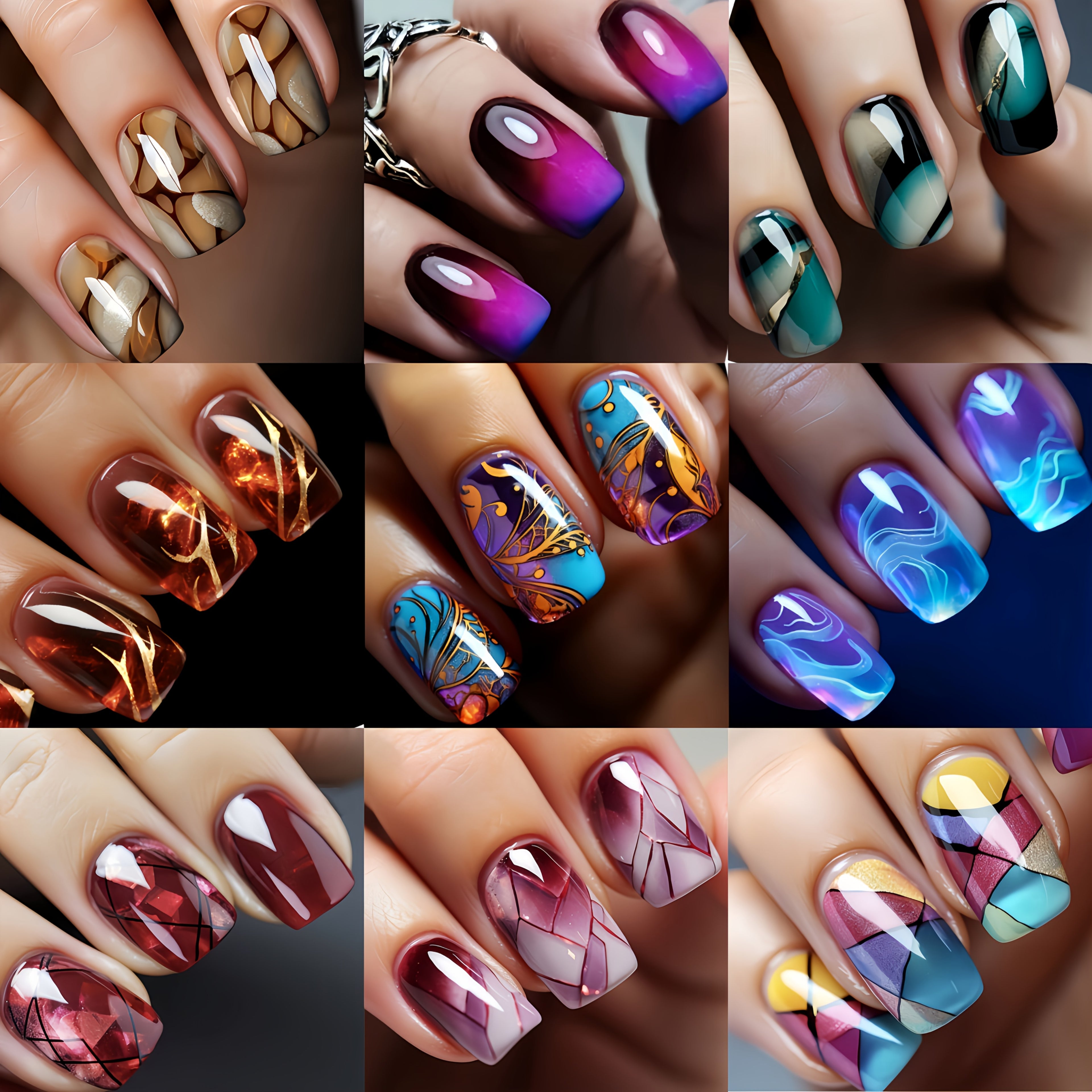 216pcs Press-On Nail Set - Medium Square, Glossy Finish with Striped & Gradient Designs in Brown, Blue, Purple - Reusable Fake Nails for Chic Manicure Mix and Match