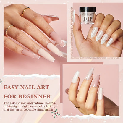 Dip Powder Nail Kit for Beginners 4 Nude Shimmer Colors with Base Coat Top Coat Activator Complete Nail System Home Salon DIY Nail Designs