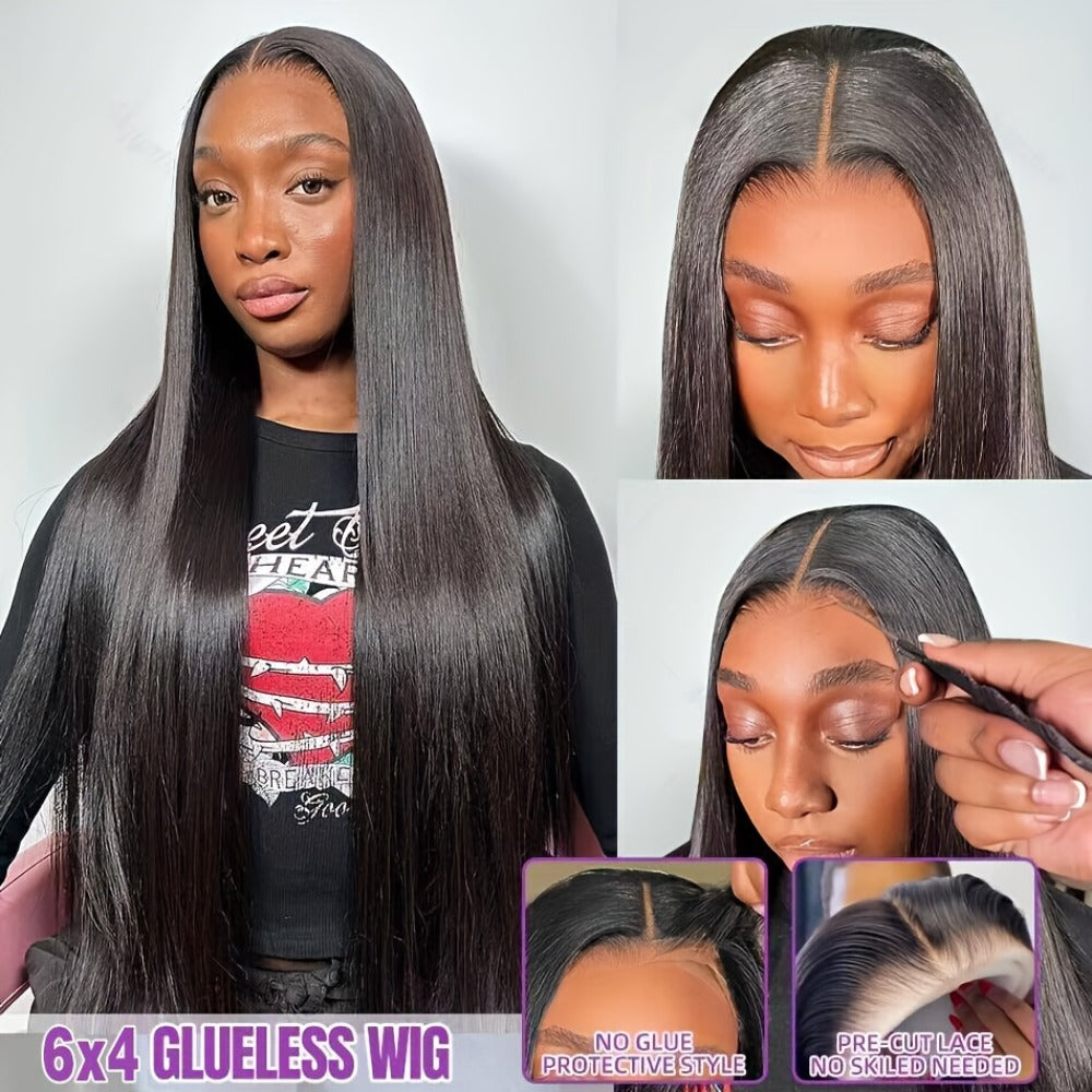 Put On and Go Glueless Human Hair Wig Bone Straight – Pre Cut 6x4.5 Transparent Lace, 200% Density Pre Plucked, Ready to Wear in 3 Seconds, Natural Black & Natural Color, 10–34 Inch