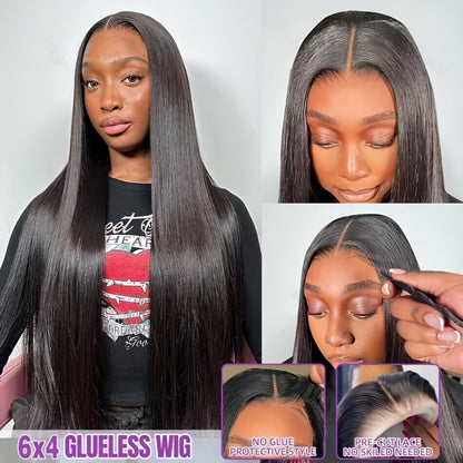 Put On and Go Glueless Human Hair Wig Bone Straight – Pre Cut 6x4.5 Transparent Lace, 200% Density Pre Plucked, Ready to Wear in 3 Seconds, Natural Black & Natural Color, 10–34 Inch