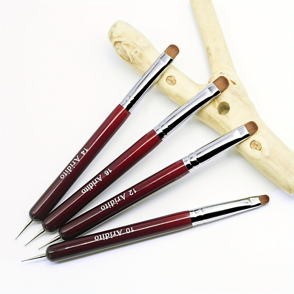 4pcs Aridito Professional Acrylic French Manicure Clean-Up Brushes & Dotting Pens - Red Wood Handles, Precision Tips (#10, #12, #14, #16) for Nail Art, Cuticle Care - Essential Manicure Tools for Home & Salon Use, Modern Metallic Finish | Metallic Ferrule