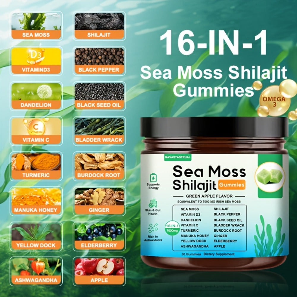 30 Gummies, 16-in-1 Sea Moss+Shilajit Gummies, Plant-Based Formula with Sea Moss, Shilajit, Turmeric, Ashwagandha & Black Seed Herbal Supplement, Immune Support, Digestive Health, Daily Wellness, Green Apple Flavor, Christmas Gift for Men And Women