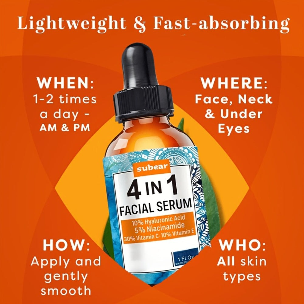 4-In-1 Hyaluronic Acid, Niacinamide, Vitamin C, Vitamin E Facial Serum, Moisturizing, Nourishing Skin, Suitable for All Skin Types 30Ml/1.05Oz (4pcs)