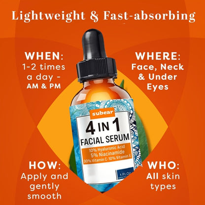 Facial Serum Set 4-in-1 – Hyaluronic Acid, Niacinamide, Vitamin C & Vitamin E Moisturizing & Brightening Serum for All Skin Types, 30ml Each, 4 Pieces