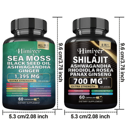 Sea Moss & Shilajit Dynamic Vitality Bundle 6-Pack | 3-Month Supply with Black Seed Oil Ashwagandha Rhodiola Ginseng Turmeric | All-in-1 Adaptogen Supplement for Energy Immunity & Wellness