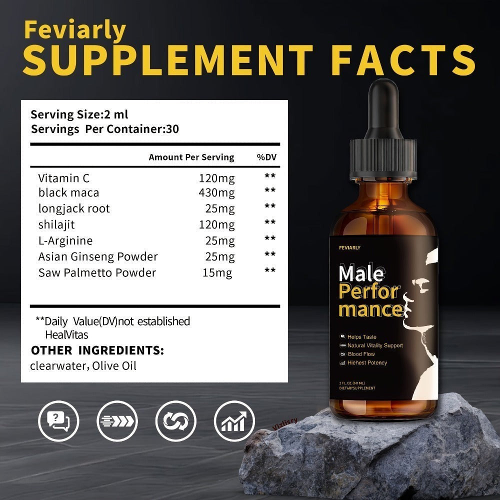 Men's PerforMance Drops, Clean Formula, No Chemical Additives, Circulatory Support, with Shila, Black Maca, Longiack Root And L-Arginine, Vitality And Wellness, Herbal Extract, Gentle And Non-irritating, Rock Stiff.