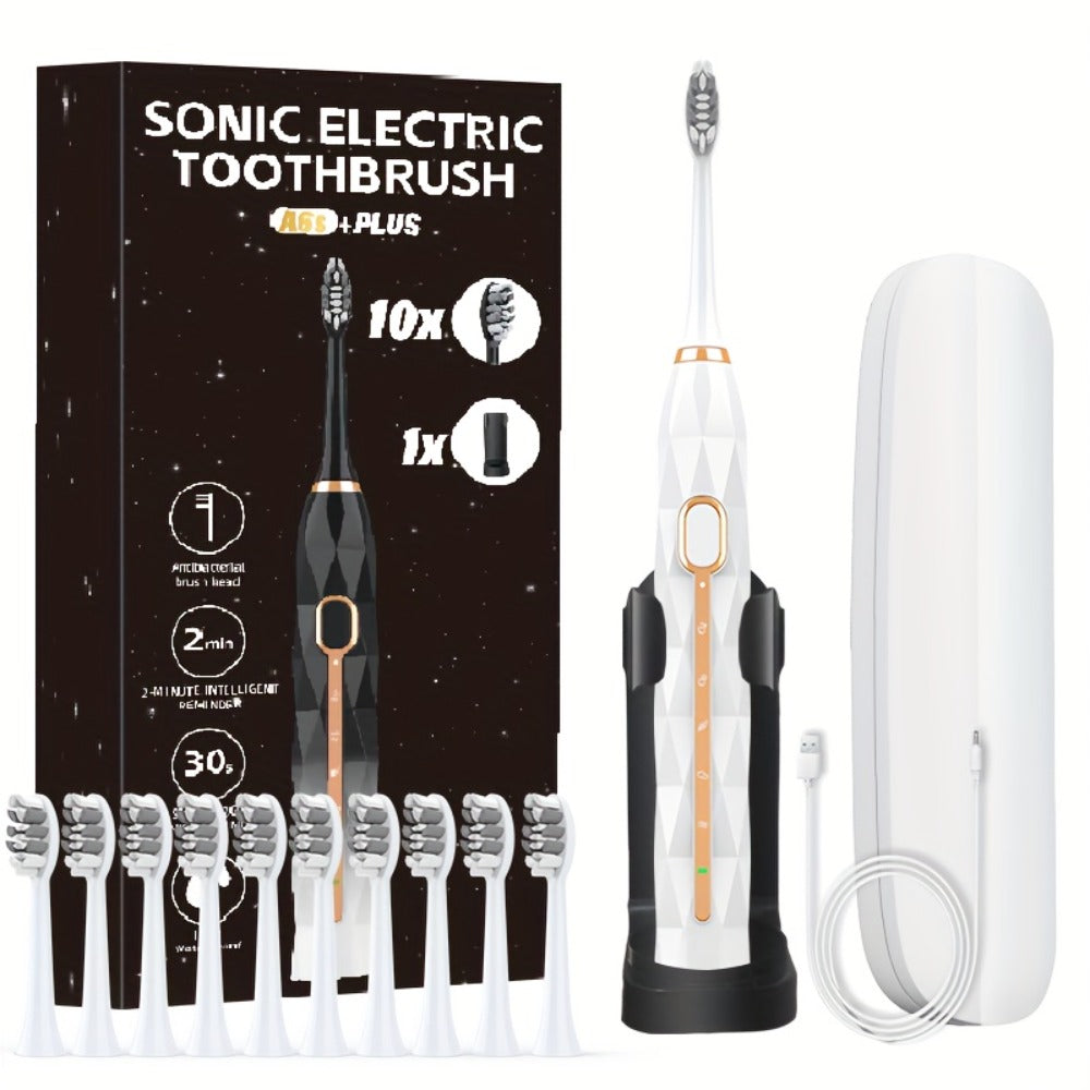 Sonic Electric Toothbrush That Is with an IPX8 Rating, Includes 8 Replacement Brush Heads, a Travel Case, And USB Charging. It Features a Metal Shaft Suitable for Both Adult Males And Females, Comes with a Toothbrush Holder