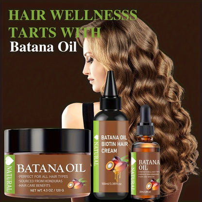 Batana Hair Oil 3-Piece Set — Pure Honduran Cold-Pressed Extract with Biotin, Nourishes Scalp & Hair, Strengthens Strands, Prevents Breakage & Split Ends, Adds Shine, All Hair Types