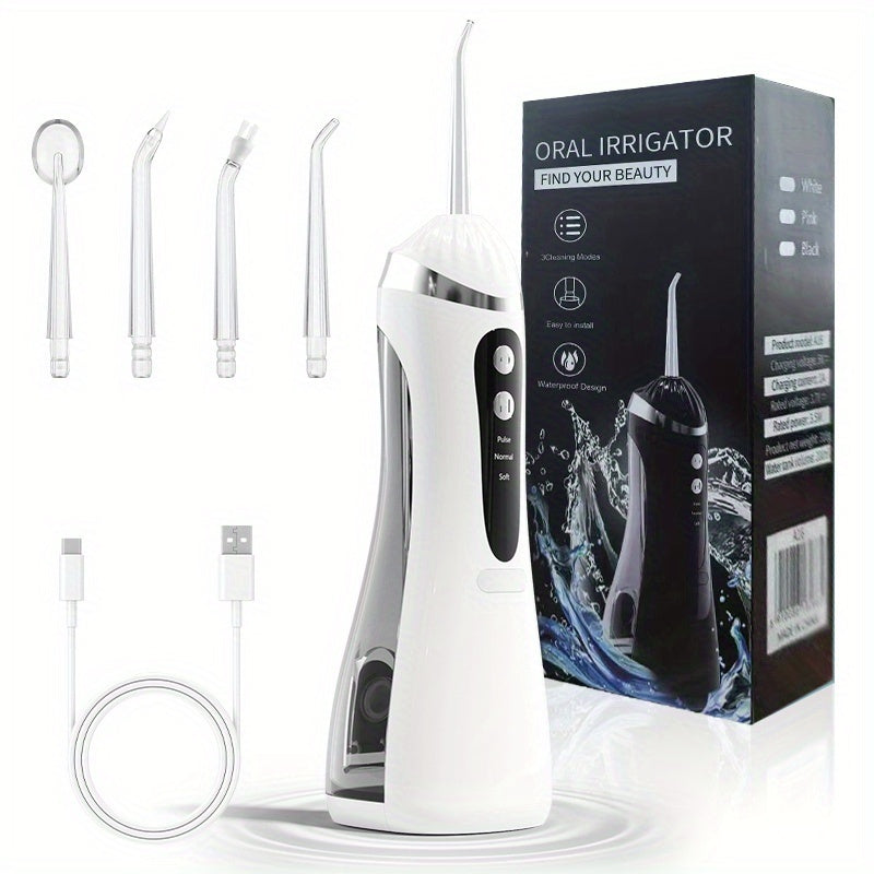 Oral Irrigator USB Rechargeable Water Flosser — 3 Cleaning Modes, Flosser Tips & Brush Head, Portable Cordless Dental Water Pick for Travel & Home Teeth Care, White Black Pink
