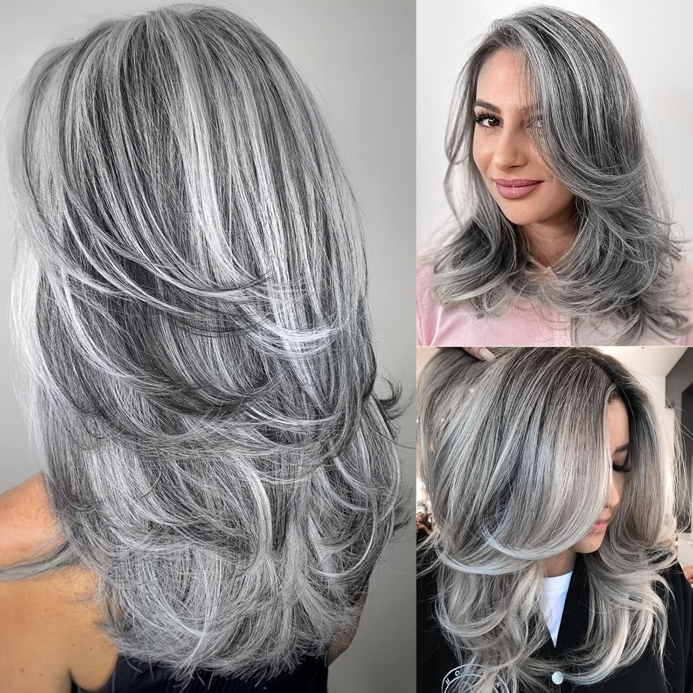Grey Wig for Women Long Layered Silvery Wavy Synthetic Wig with Highlights 18 Inch Rose Net Cap Beginner Friendly Natural Look Daily Wear Party Cosplay