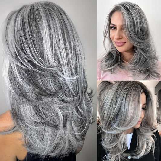 Grey Wig Long Layered Wigs for Women 18 Inch Silvery Wavy Wigs with Highlights Natural Womens Wigs Synthetic Hair Wig for Daily Party Cosplay
