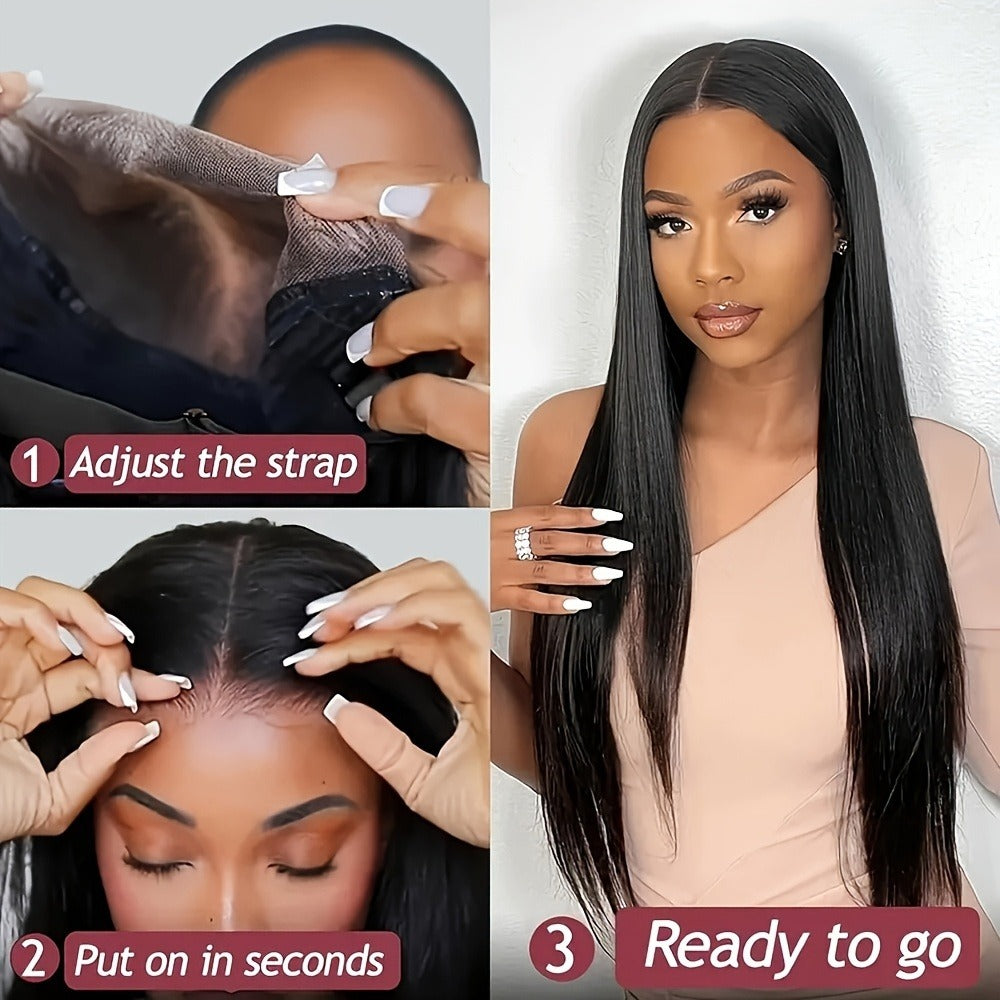 Straight Human Hair Wig 5x5 HD Lace Closure Glueless Wig Pre Bleached Knots Pre Plucked Baby Hair Wear and Go Natural Black 16-34 Inch Elegant Natural Look