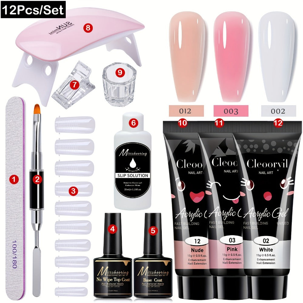 Poly Gel Nail Extension Kit 12pcs — Polygel Stretch Gel Manicure Set with Mini LED Nail Lamp, Bicolor Synovial Base Coat & Finger Sleeves | Complete Nail Builder Kit