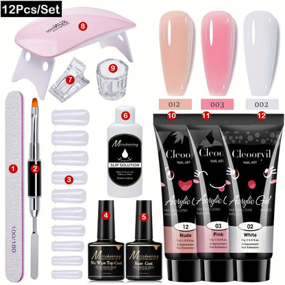 Poly Gel Nail Extension Kit 12pcs — Polygel Stretch Gel Manicure Set with Mini LED Nail Lamp, Bicolor Synovial Base Coat & Finger Sleeves | Complete Nail Builder Kit