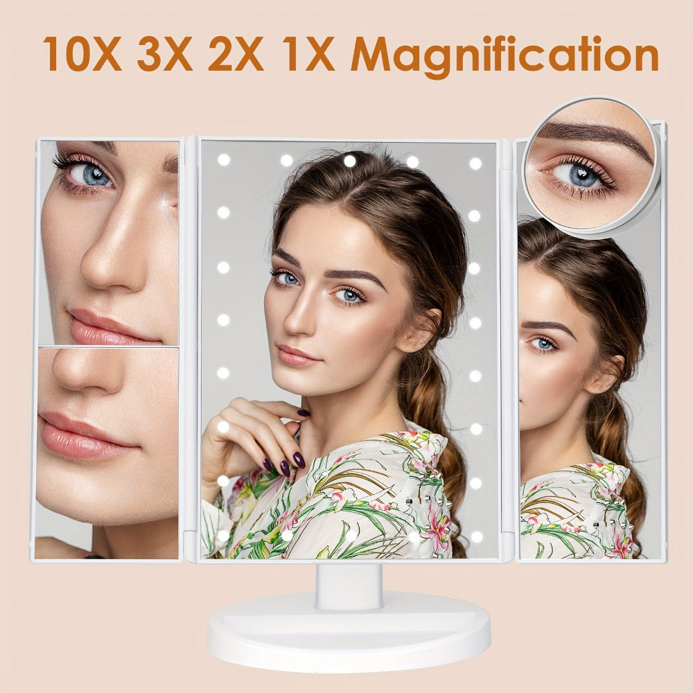 LED Trifold Mirror with Magnifying Mirror, Lighted Cosmetic Mirror Dressing Mirror, Bathroom Adjustable Brightness Mirror, 1X/2X/3X/10X Magnification And Touch Screen Trifold Cosmetic Mirror, Two Power Modes