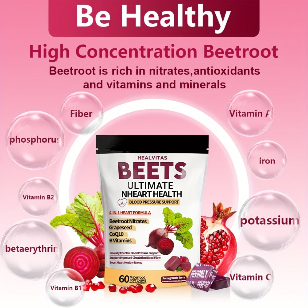 4-in-1 Super Beetroot Beetroot Chewable Gummies Support with CoQ10, Beetroot, Grapeseed, Multivitamins, Blood Pressure & Heart Health, Supplement for Circulation & Blood Flow, 60 Chewable Candies, One Month Supply