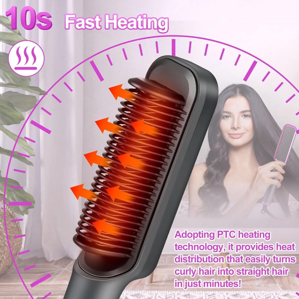 Hair Straightener Brush, 10s Fast Hair Straightener Comb Straightening Brush for Women, LCD Display, 5 Temps Flat Iron Brush, Anti-Scald (Includes Two Extra Clips And One Comb)