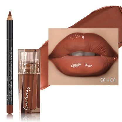 Lip Gloss & Lip Liner Set Hydrating Water-Gloss Dewy Finish - 3D Precision Contour Moisturizing Matte Liner Versatile Everyday Glam Lip Makeup Duo