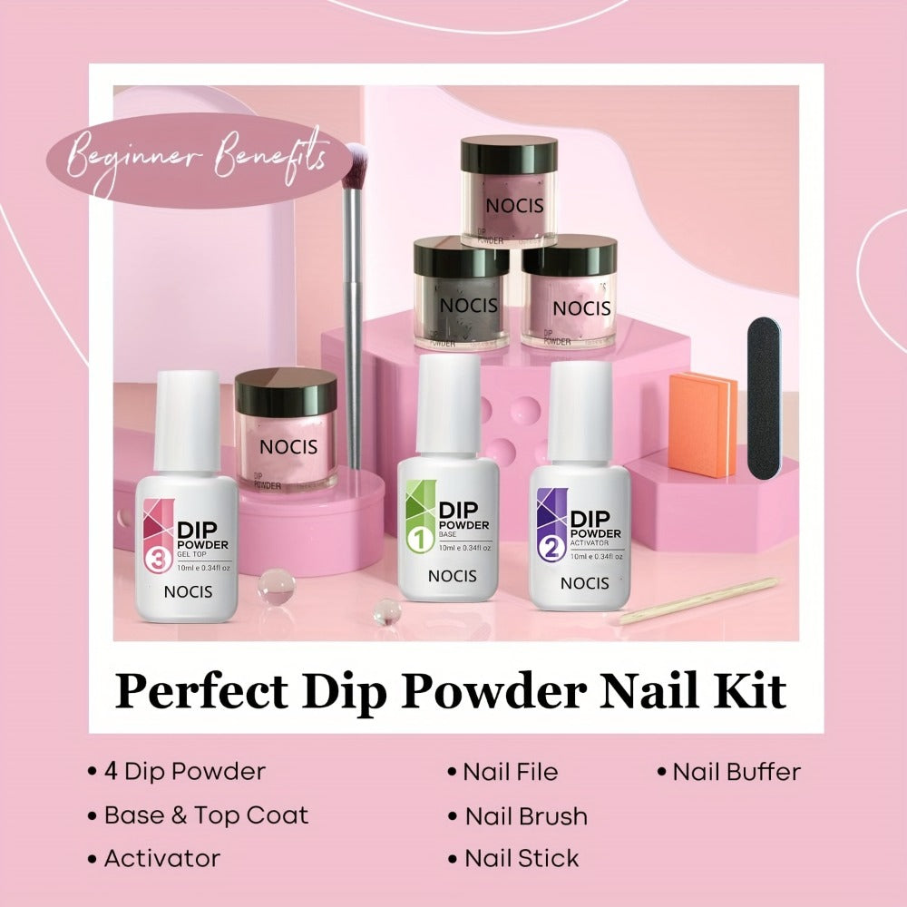 11pcs Dip Powder Nails Kit Starter – Perfect for French Manicures & Salons – 4 Colors, Base & Top Coat, And Nail Tools!