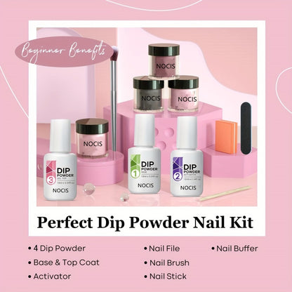 Dip Powder Nail Kit 11pcs Complete Set - 4 Colors Nude Grey Pink No Lamp Base Coat Top Coat Activator Nail Tools French Manicure Home Salon