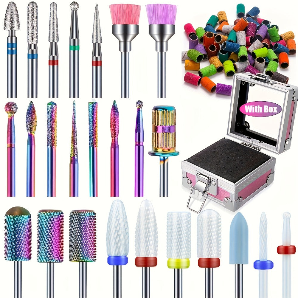 A Set Of Nail Tools And Grinding Heads Advanced Grinding Head Set - for Nail Enhancement, Grinding, Gel And Polishing Drills, with Multi-color Abrasive Belt, Tungsten Steel Ceramic Drill Bit And Storage Box