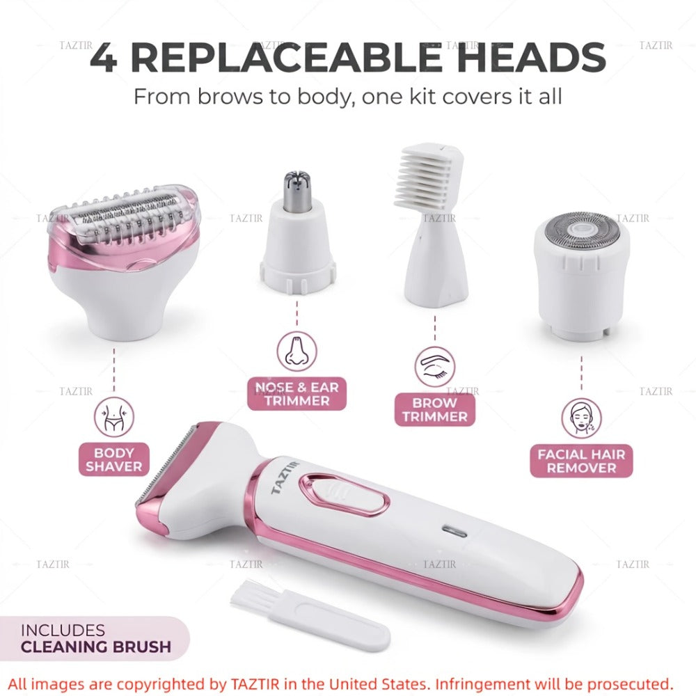 [4-in-1 Painless Razor for Women] 4-in-1 Rechargeable Electric Razor for Women - Face, Nose, Legs, Underarm, Bikini Trimmer - Wet & Dry, Painless Grooming Kit - Portable & Rechargeable