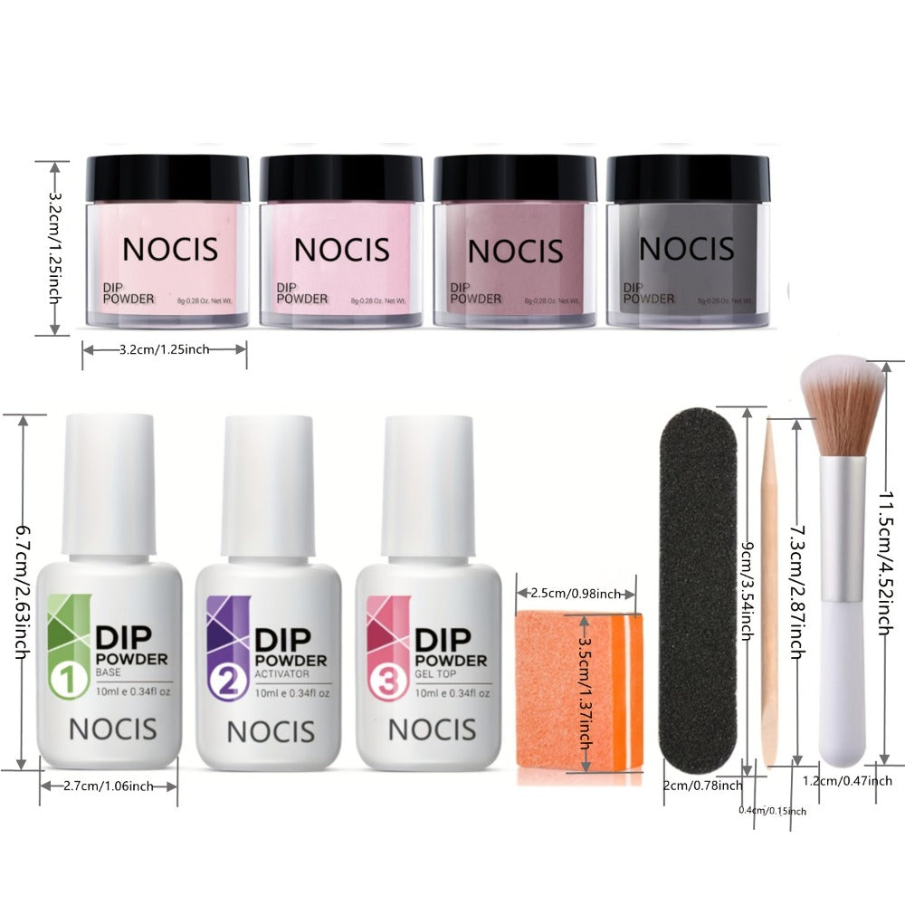 Dip Powder Nail Kit 11pcs Complete Set - 4 Colors Nude Grey Pink No Lamp Base Coat Top Coat Activator Nail Tools French Manicure Home Salon