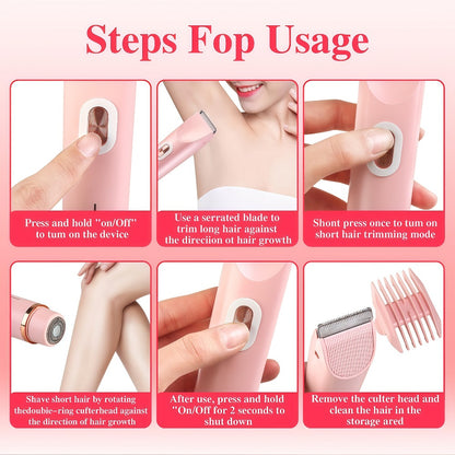 Bikini Trimmer for Women 2-in-1 Dual Head IPX7 Waterproof Electric Shaver - Body Hair Trimmer and Facial Hair Remover for Bikini Underarm Leg Arm Face 90-Min Battery USB Charge Pink