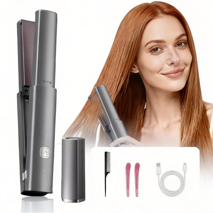 Cordless Hair Straightener & Curler 2-in-1 — Wireless Charging 2600mAh, Ceramic Negative Ion Portable Styling Tool for Travel, Heat-Resistant, Gift for Women — Grey & Purple